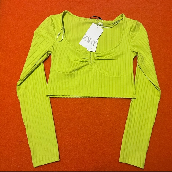 Zara lime green long sleeve ribbed cropped top NWT - Picture 3 of 9